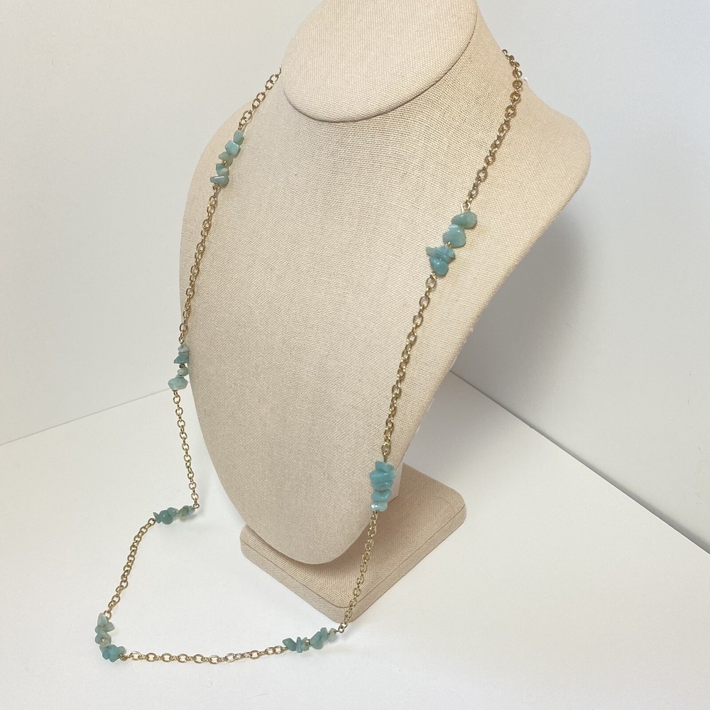 Blue Chalcedony Necklace Chip Silver Tone Long Station Chain Lobster Claw Clasp - Picture 4 of 9
